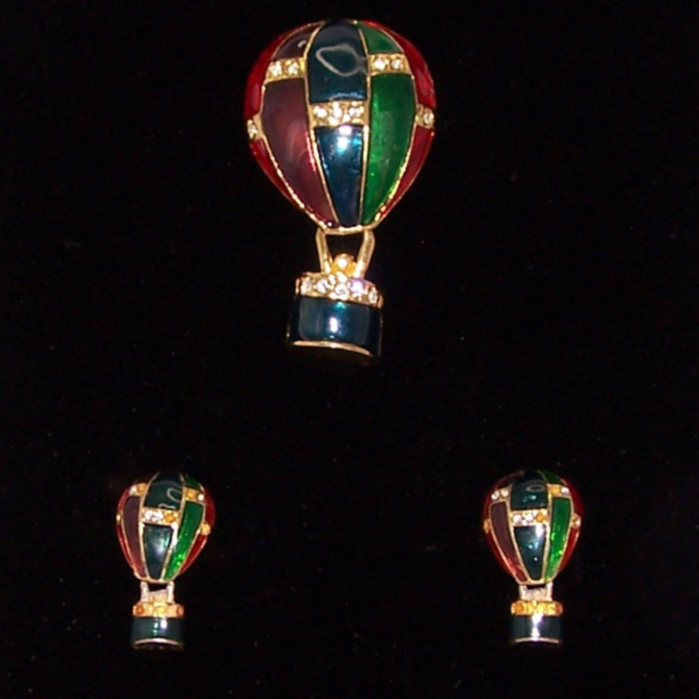 VTG - Enamel, Rhinestone Hot Balloon Brooch and Matching Earrings.